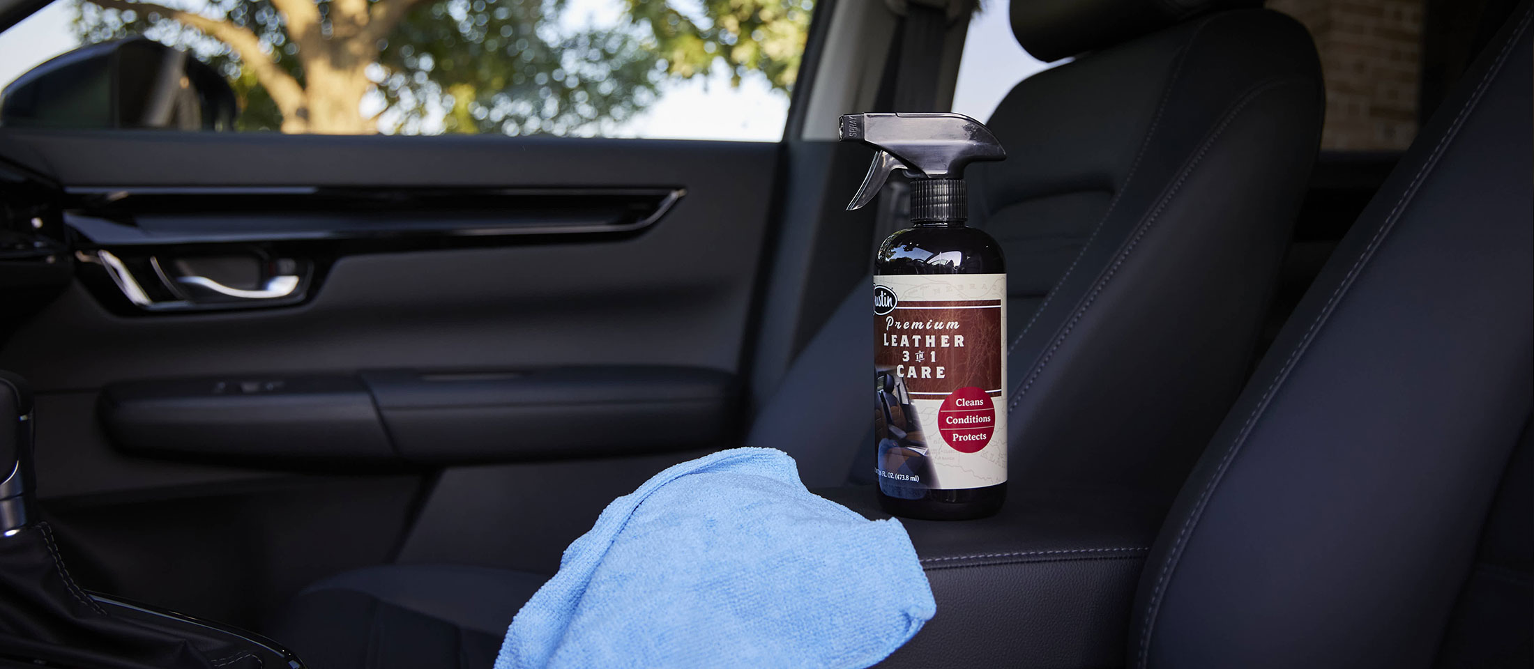 Justin Leather car seat cleaner in a vehicle with leather seats.